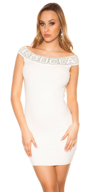 fijngebreide jurk met strass steentjes wit
